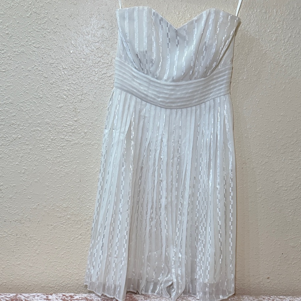 White House Black Market Strapless White Pleated Metallic-Striped Dress